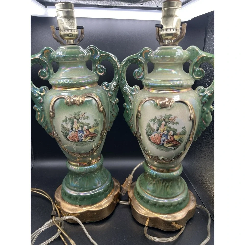 2 Urn Ornate Ceramic Table Lamp Victorian Courting Couple Romantic Rococo Style